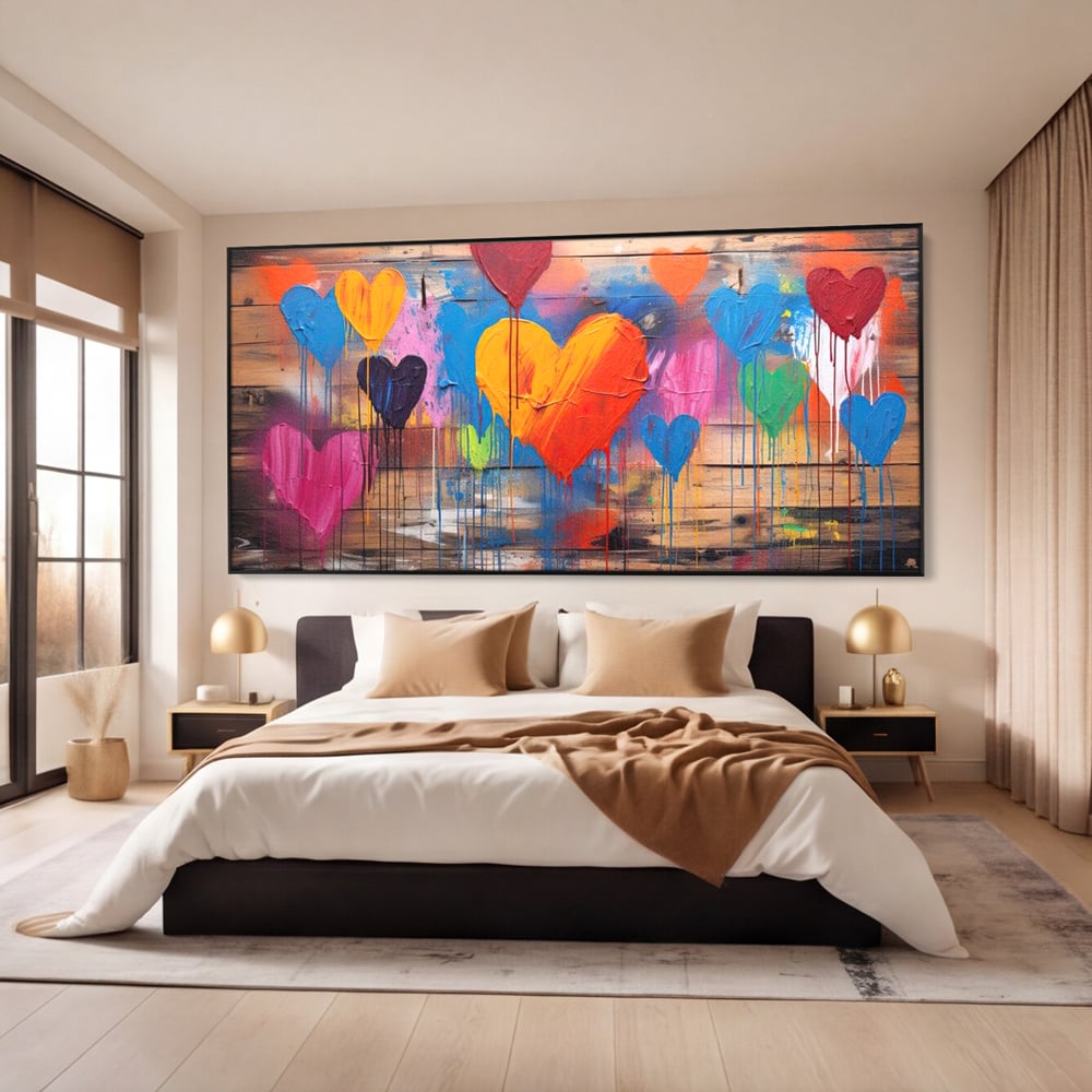 Tablou canvas cu tablou cu inimi colorate pe scanduri, in rama de aluminiu negru, pe perete intr-un dormitor